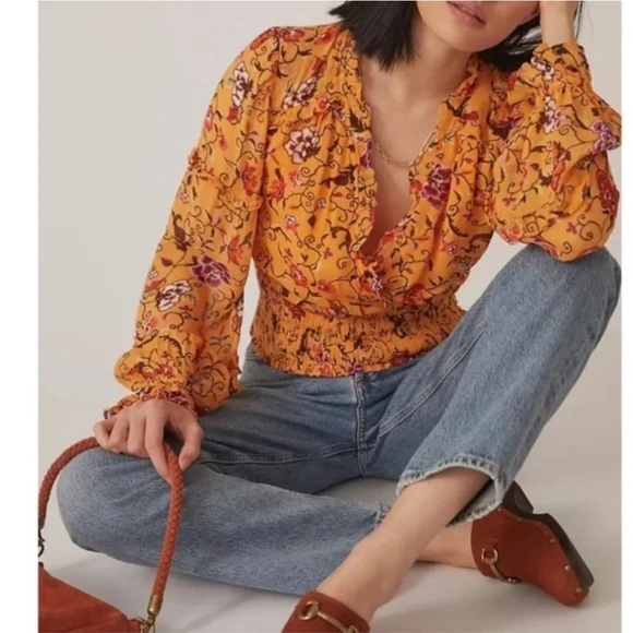 Anthropologie Tops - Anthropologie Printed Ruffle Blouse Golden Floral Print